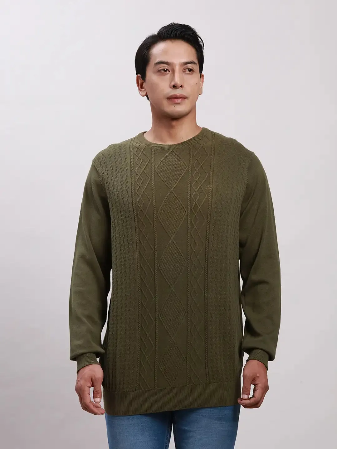 ColorPlus Men Green Tailored Fit Structure Cotton Full Sleeve V Neck Collar Sweaters