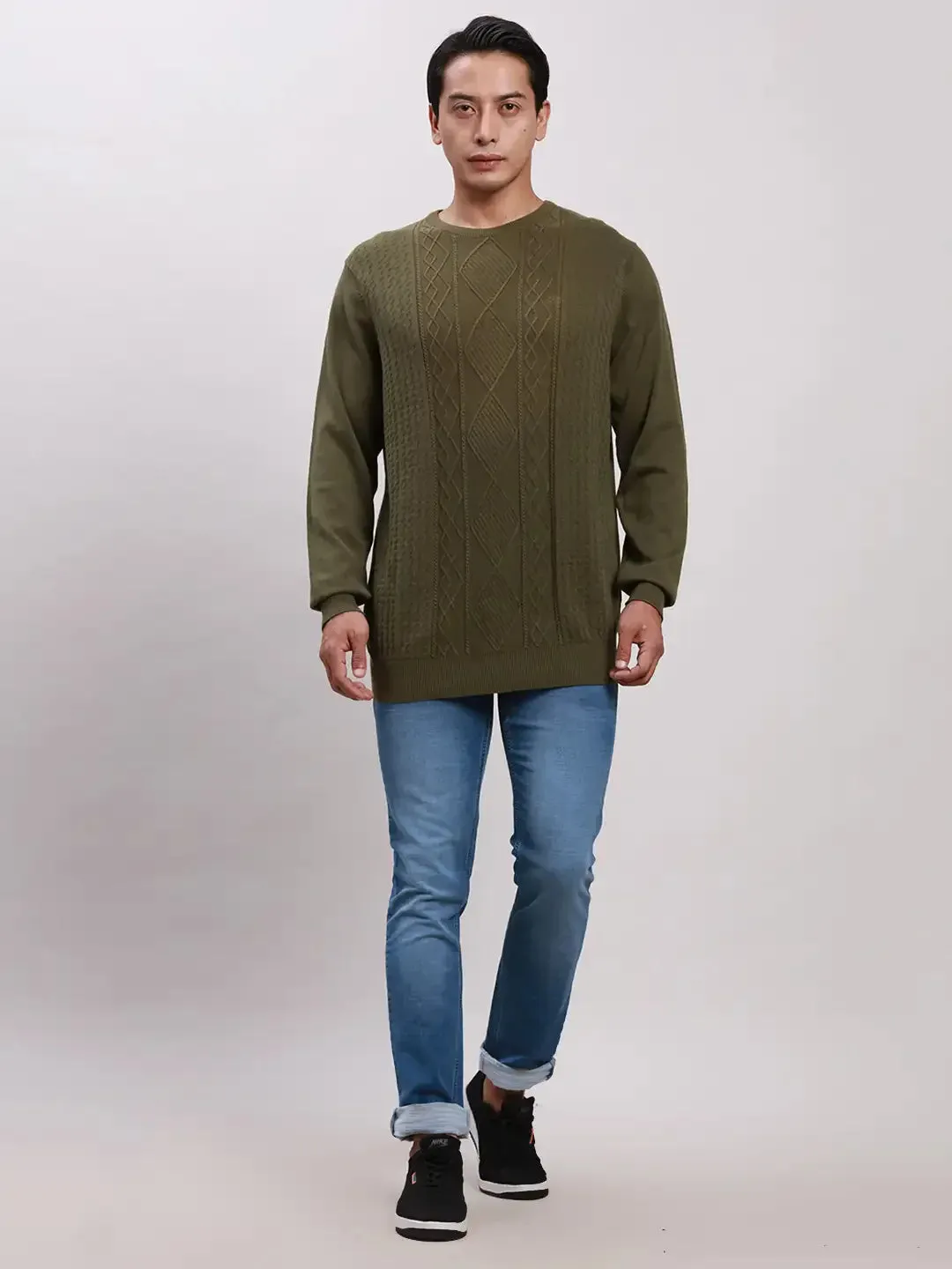 ColorPlus Men Green Tailored Fit Structure Cotton Full Sleeve V Neck Collar Sweaters