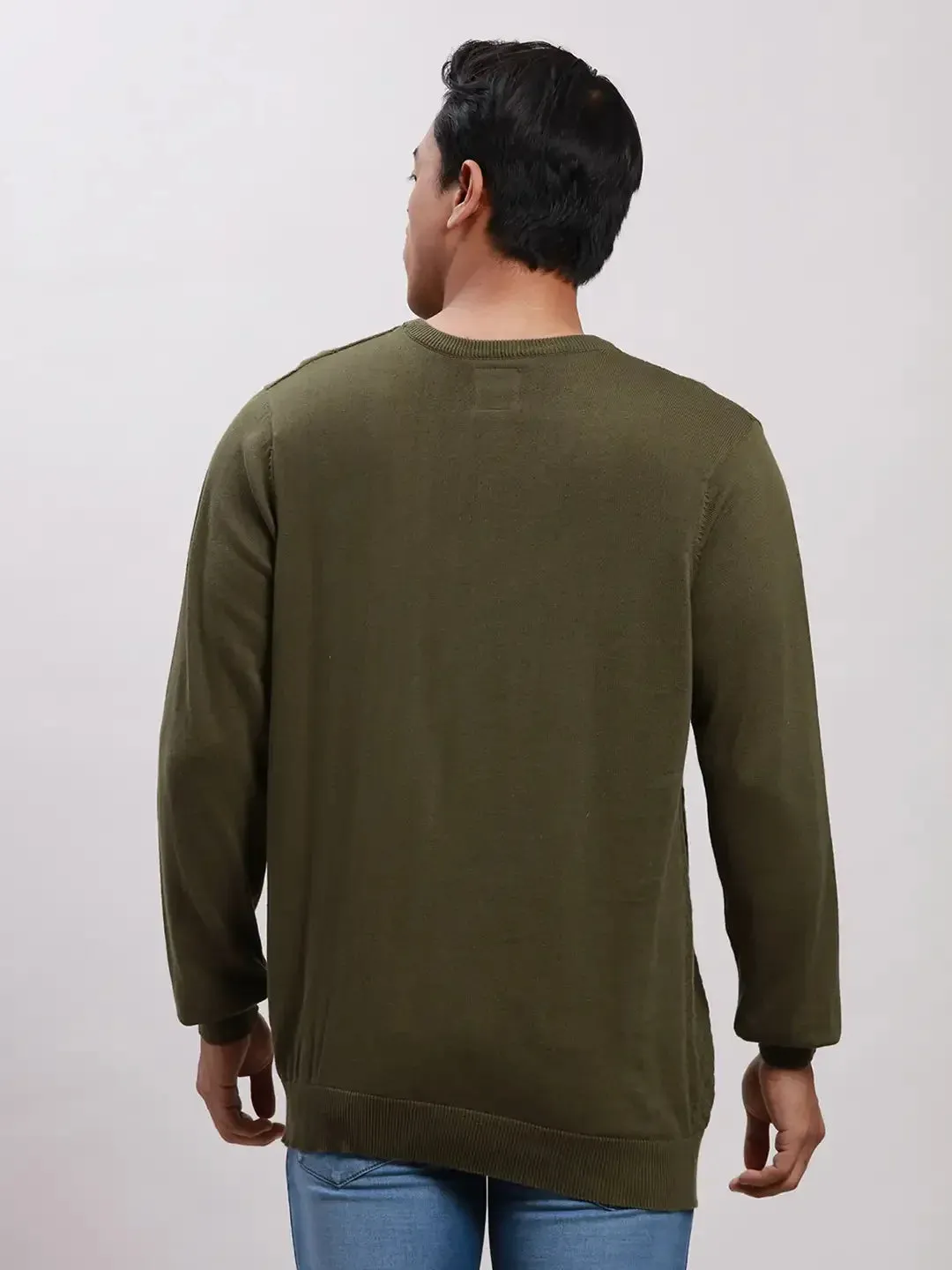 ColorPlus Men Green Tailored Fit Structure Cotton Full Sleeve V Neck Collar Sweaters