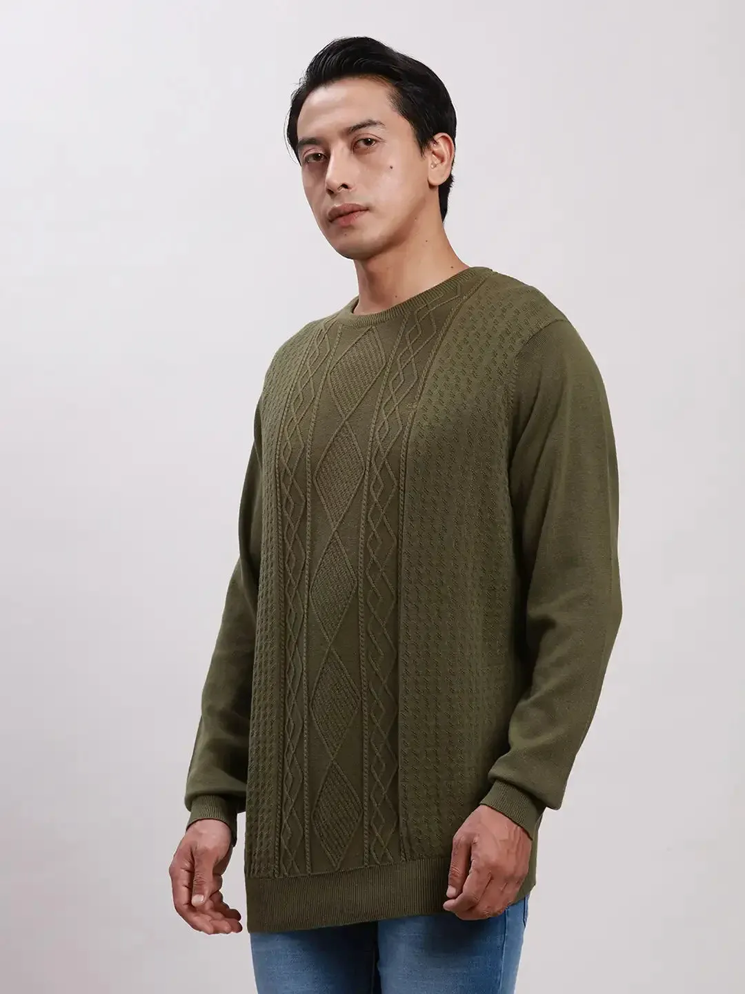 ColorPlus Men Green Tailored Fit Structure Cotton Full Sleeve V Neck Collar Sweaters