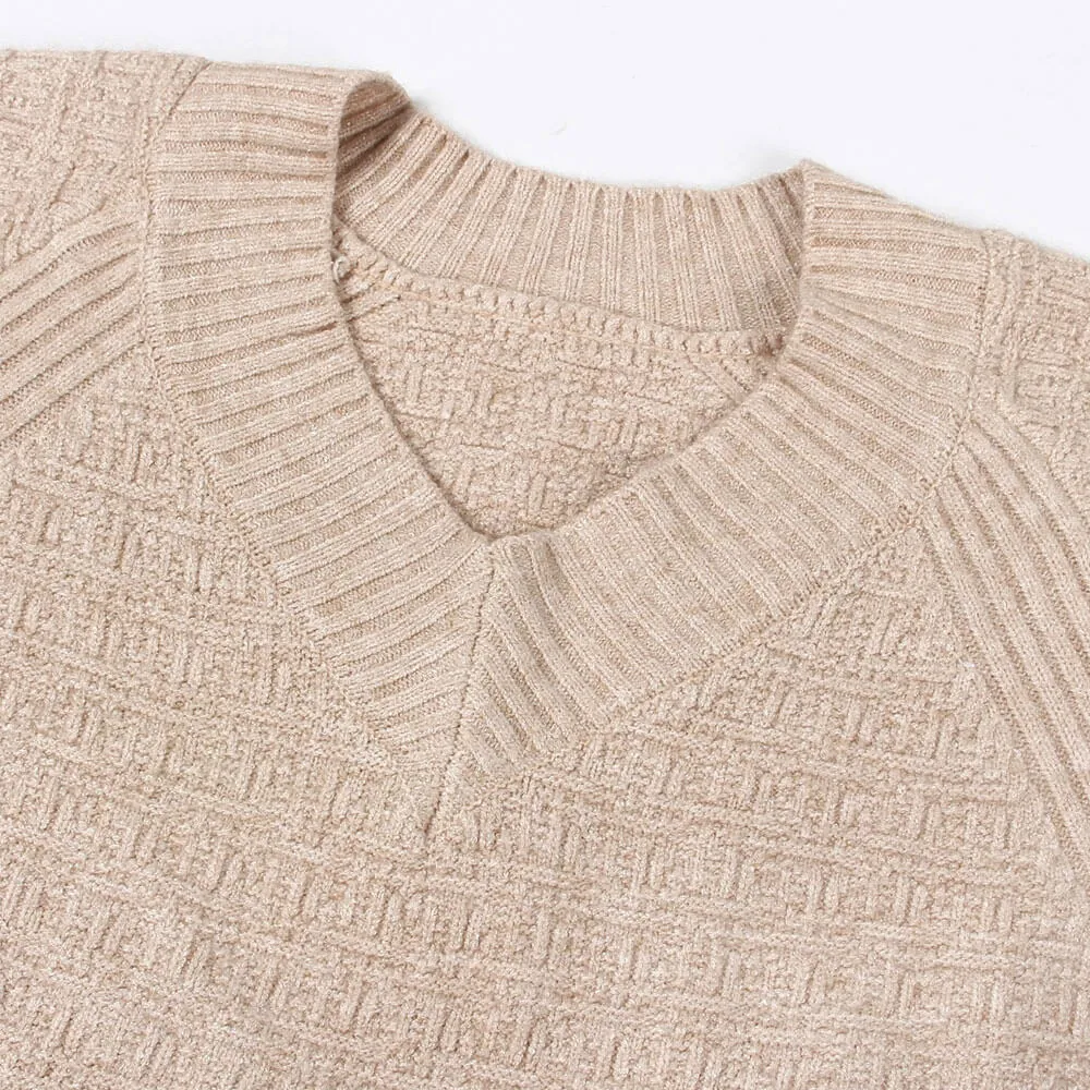 Comfy V Neck Raglan Sleeve Curved Hem Khaki Waffle Knit Sweater