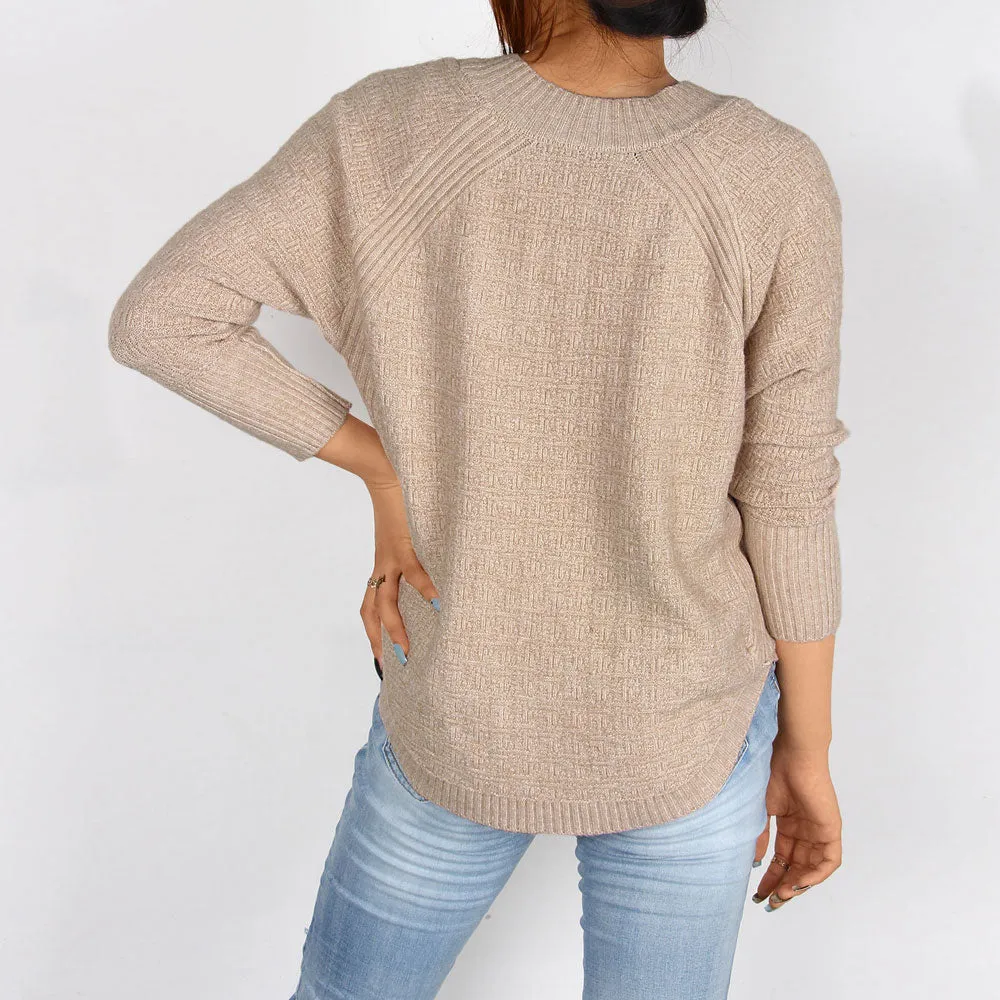 Comfy V Neck Raglan Sleeve Curved Hem Khaki Waffle Knit Sweater