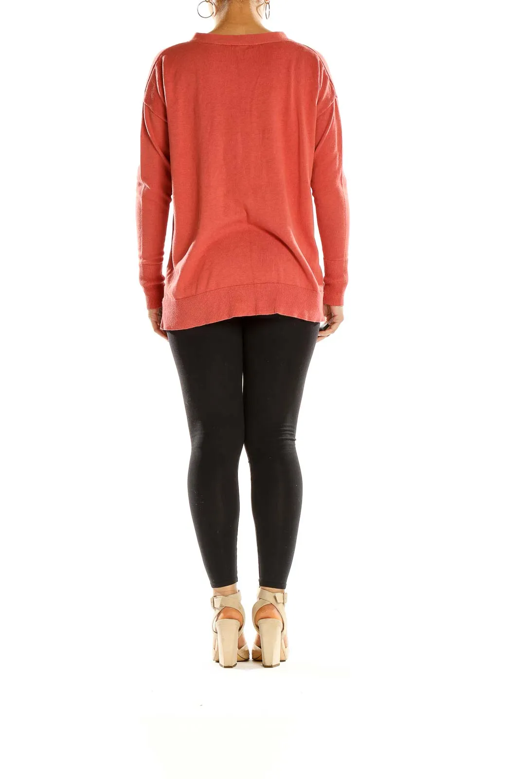 Coral V-Neck Long Sleeve Knit Sweater