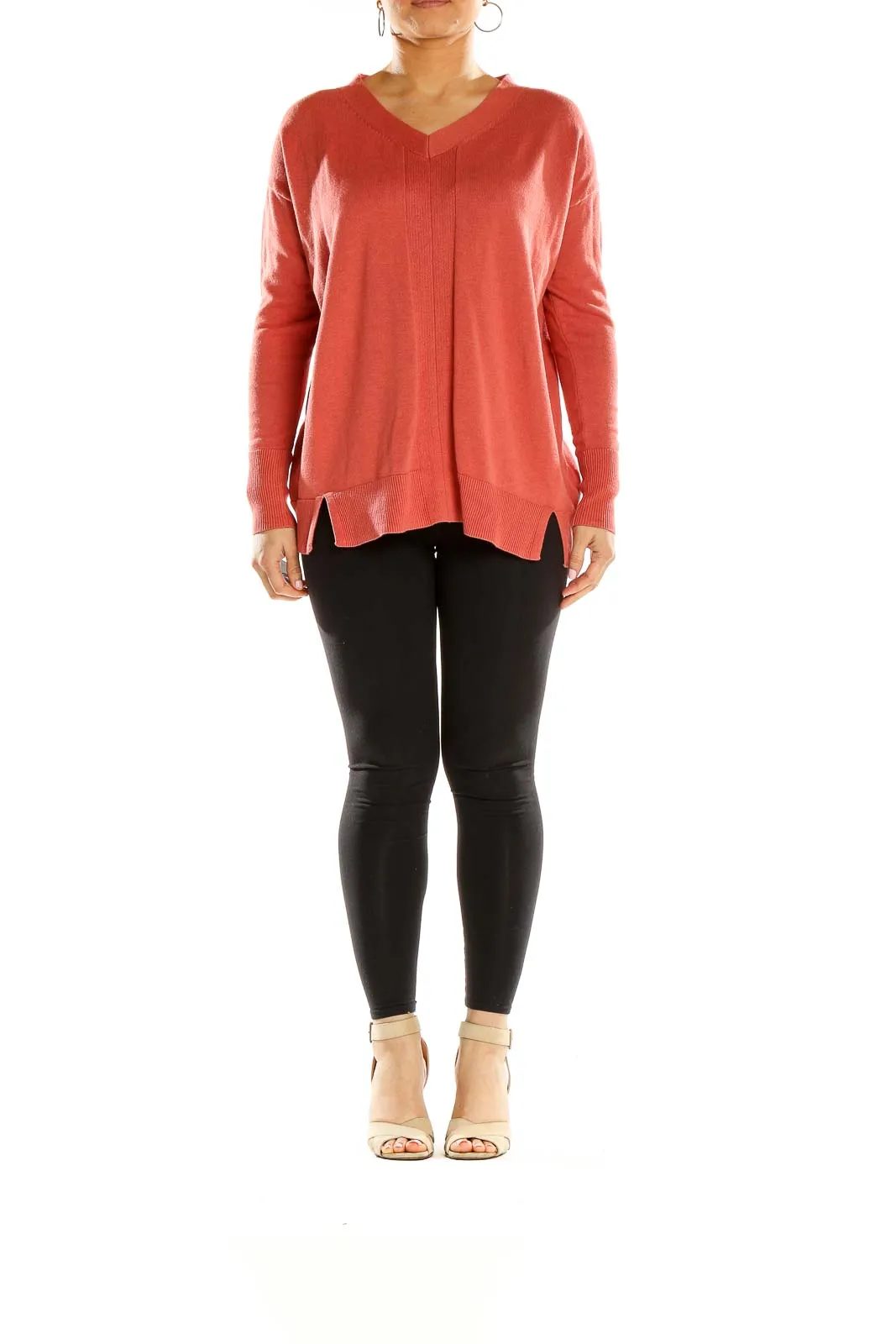 Coral V-Neck Long Sleeve Knit Sweater