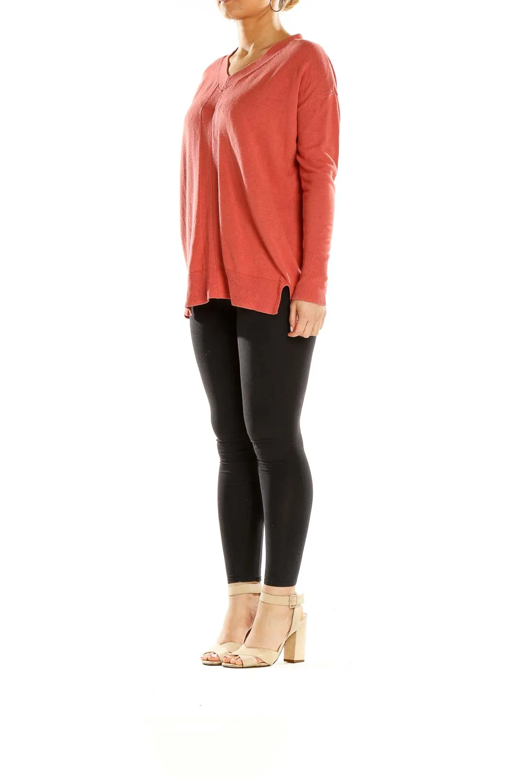 Coral V-Neck Long Sleeve Knit Sweater