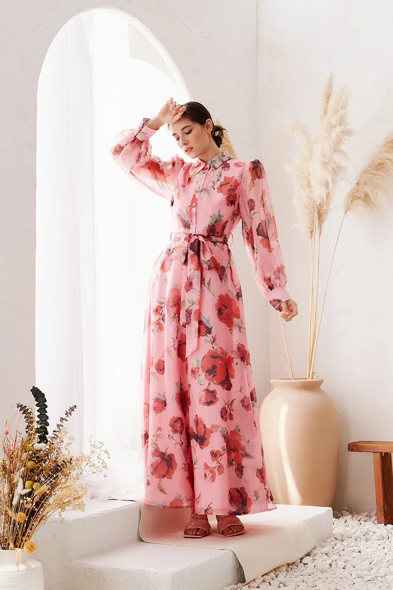 Coral/Red Organza Flower print Self-belt Shirt Maxi Dress