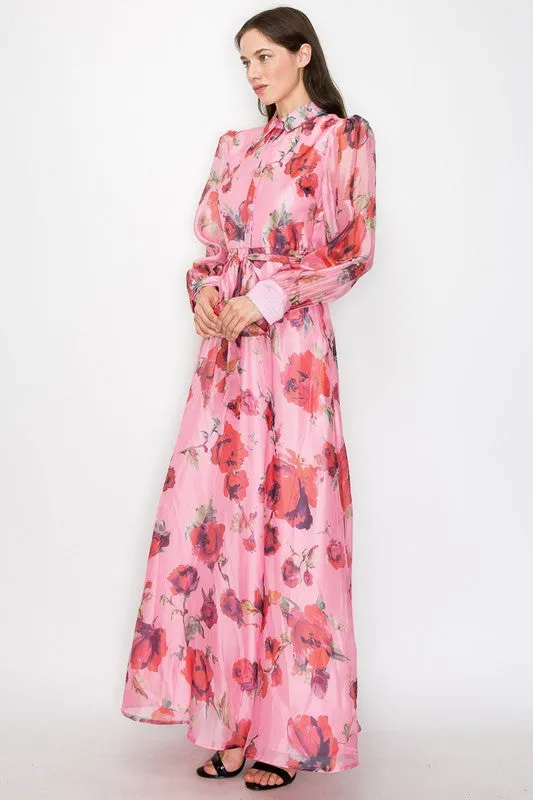 Coral/Red Organza Flower print Self-belt Shirt Maxi Dress