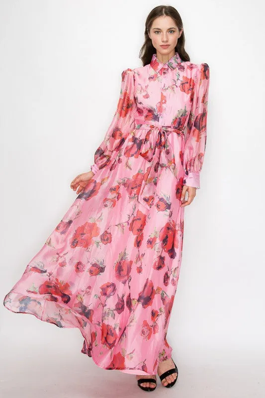 Coral/Red Organza Flower print Self-belt Shirt Maxi Dress