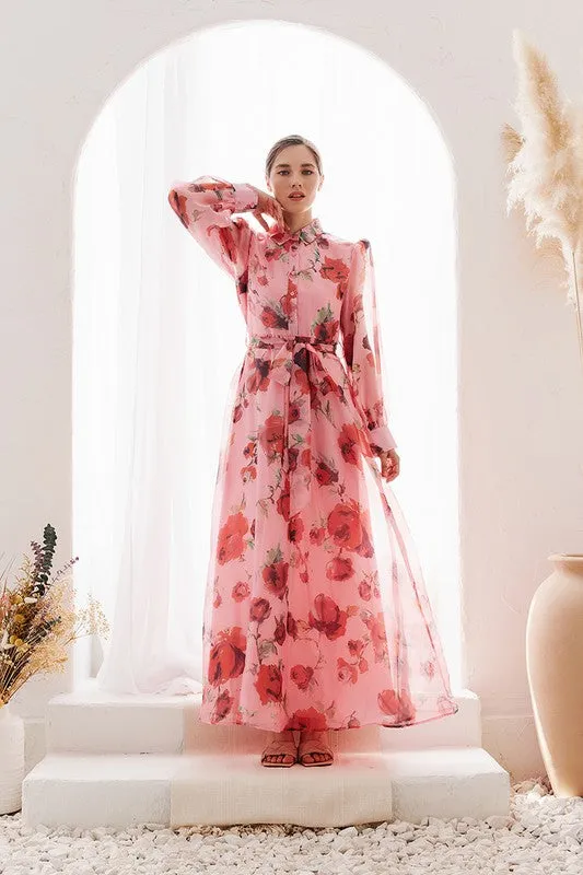 Coral/Red Organza Flower print Self-belt Shirt Maxi Dress