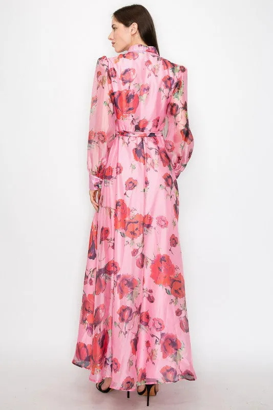 Coral/Red Organza Flower print Self-belt Shirt Maxi Dress