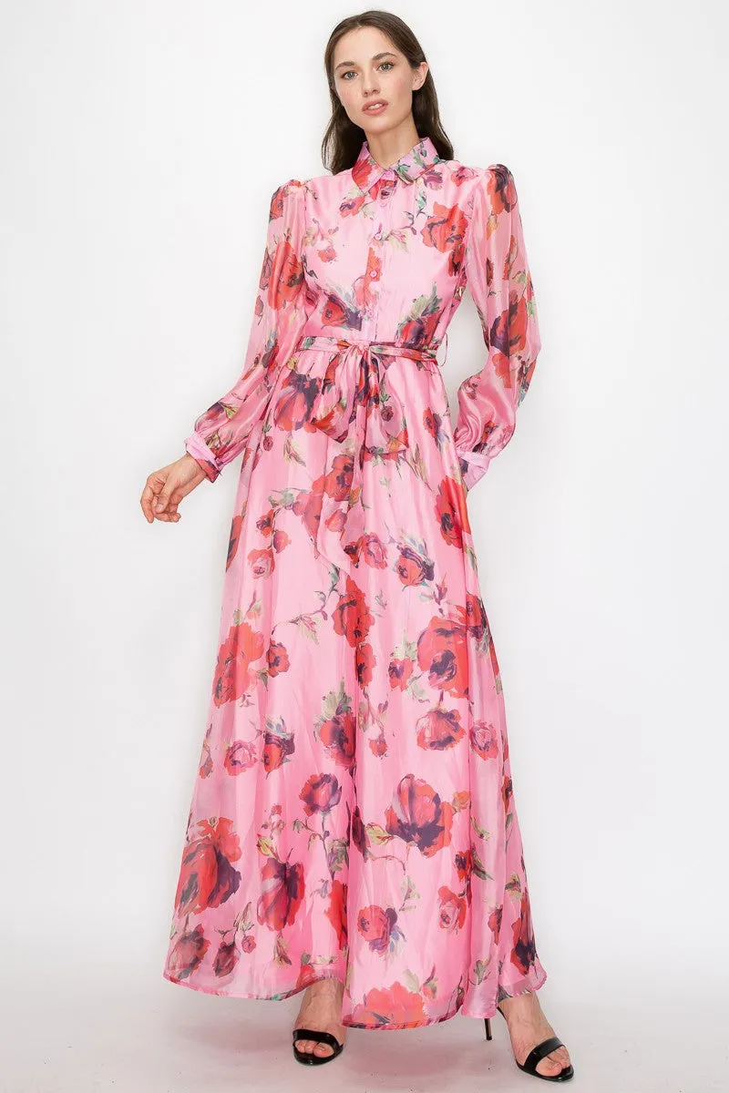 Coral/Red Organza Flower print Self-belt Shirt Maxi Dress