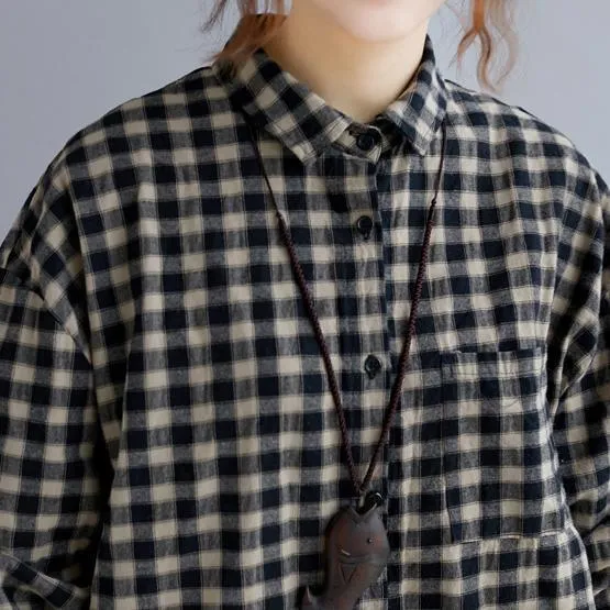 Elegant black Plaid natural cotton shirt dress trendy plus size Turn-down Collar pockets traveling clothing casual long sleeve baggy shirt dresses