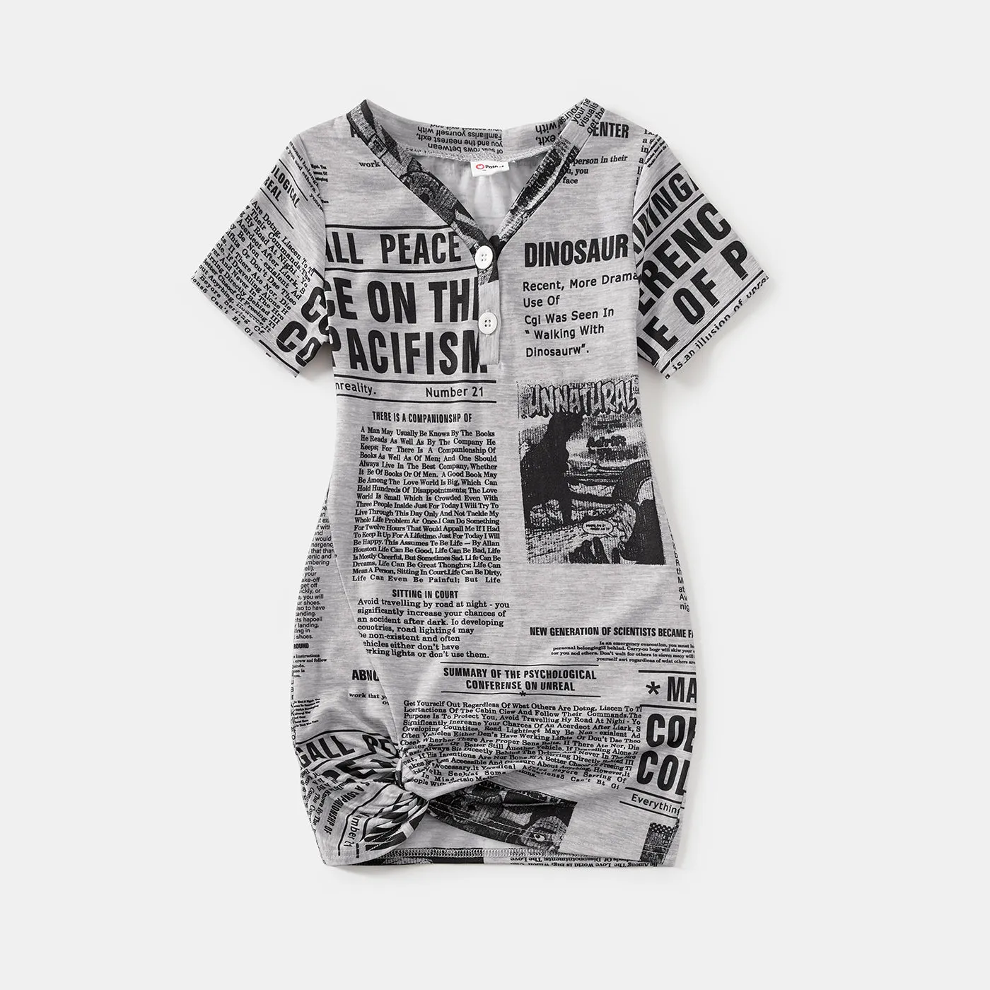 Family Matching Newspaper Print V Neck Short-sleeve Twist Knot Bodycon Dresses and T-shirts Sets