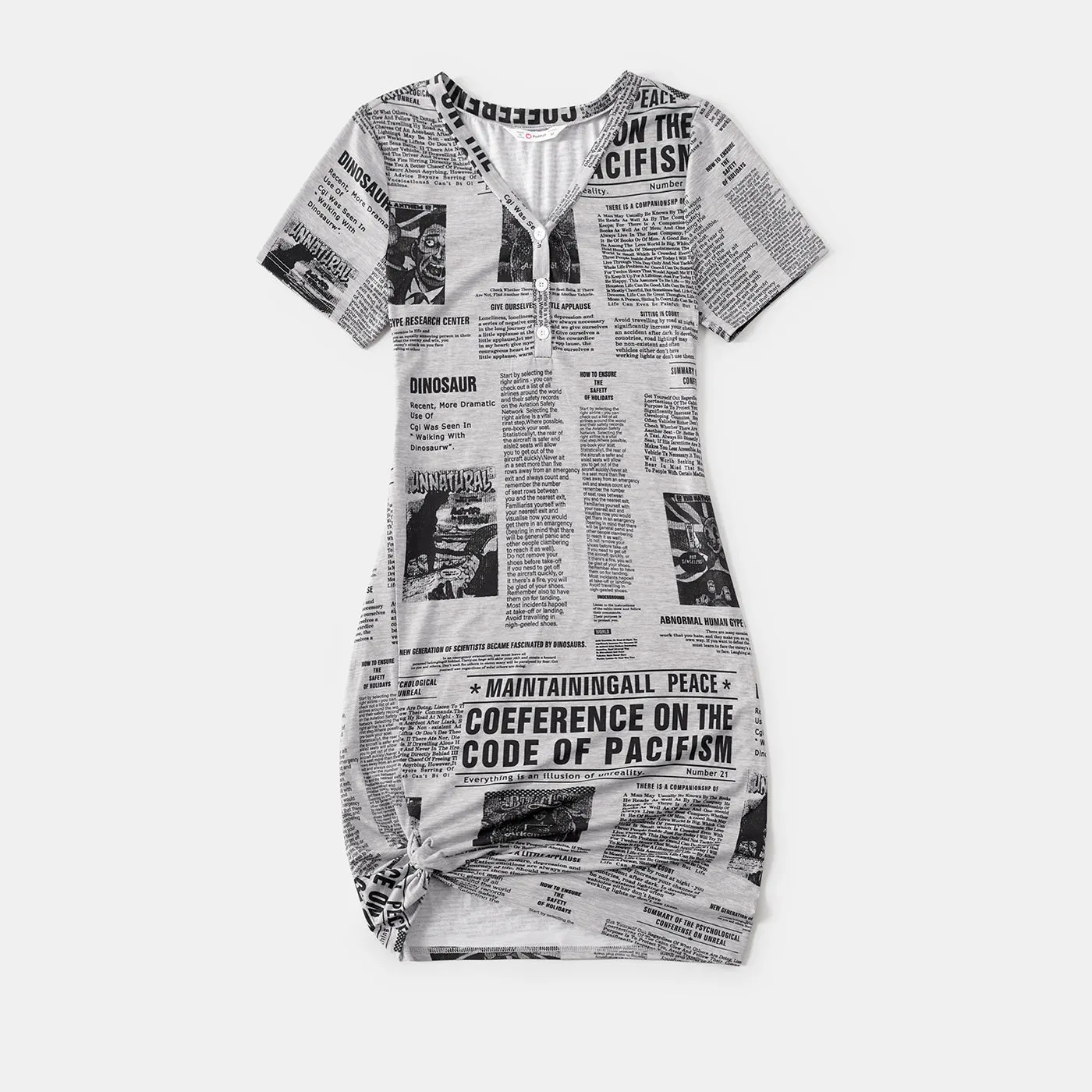 Family Matching Newspaper Print V Neck Short-sleeve Twist Knot Bodycon Dresses and T-shirts Sets