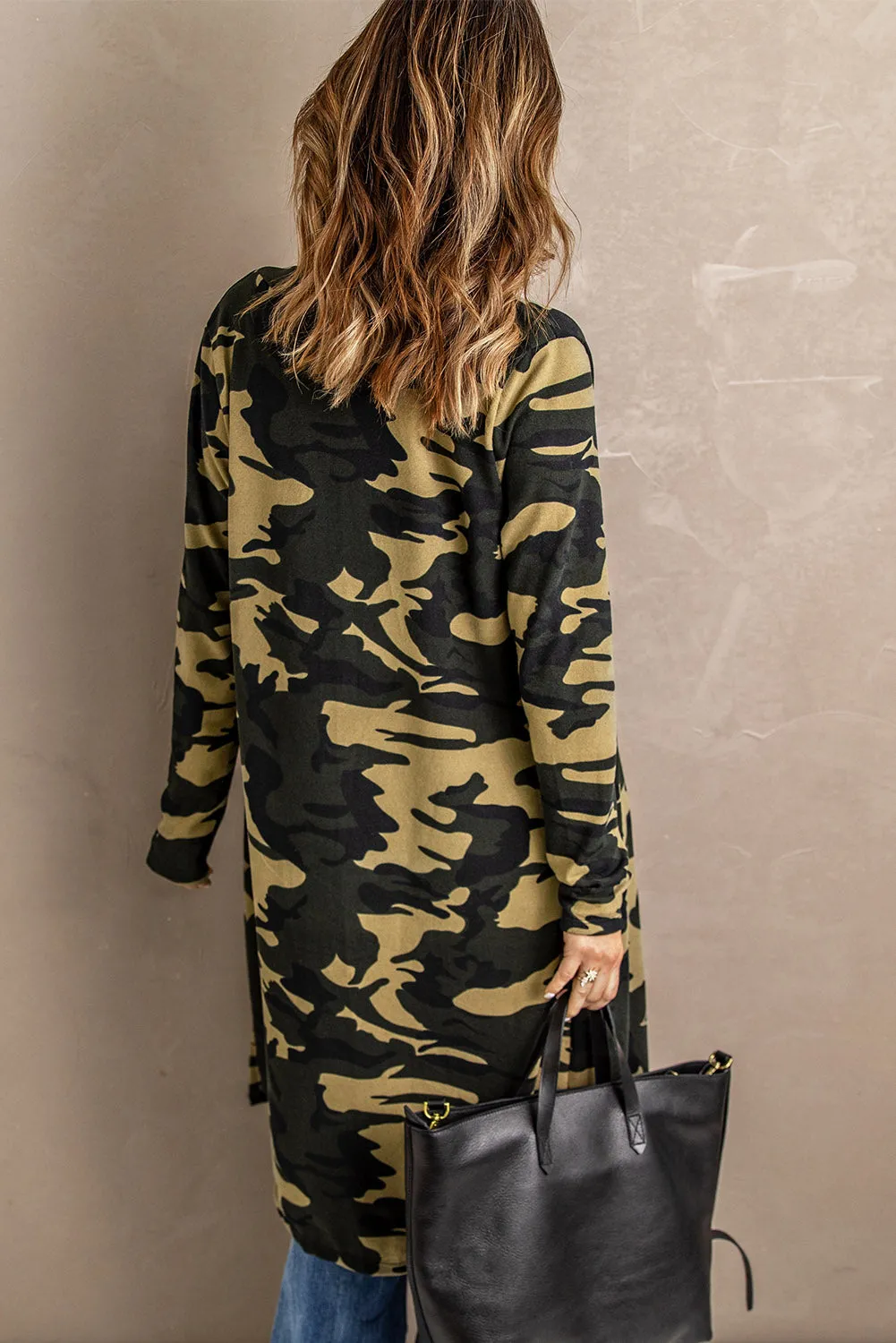 Fashion Green Camo Print Long Cardigan