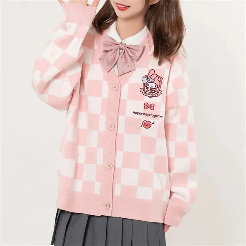 FashionSierra - Plaid Embroidery Sweaters Kawaii Loose V-neck Bowknot Big Pocket Knitte