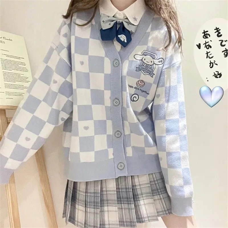 FashionSierra - Plaid Embroidery Sweaters Kawaii Loose V-neck Bowknot Big Pocket Knitte