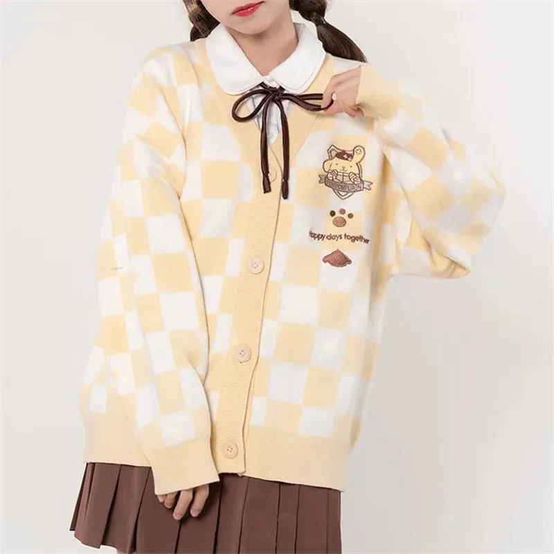 FashionSierra - Plaid Embroidery Sweaters Kawaii Loose V-neck Bowknot Big Pocket Knitte