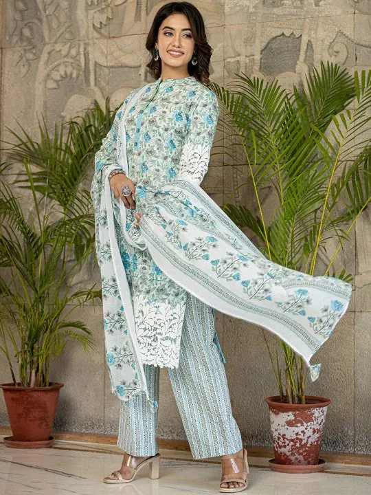 Floral Printed Regular Pure Cotton Kurta with Trouser & Dupatta