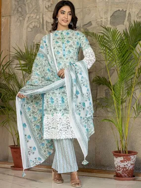 Floral Printed Regular Pure Cotton Kurta with Trouser & Dupatta