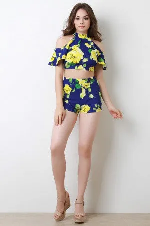 Floral Textured Knit High Waisted Shorts