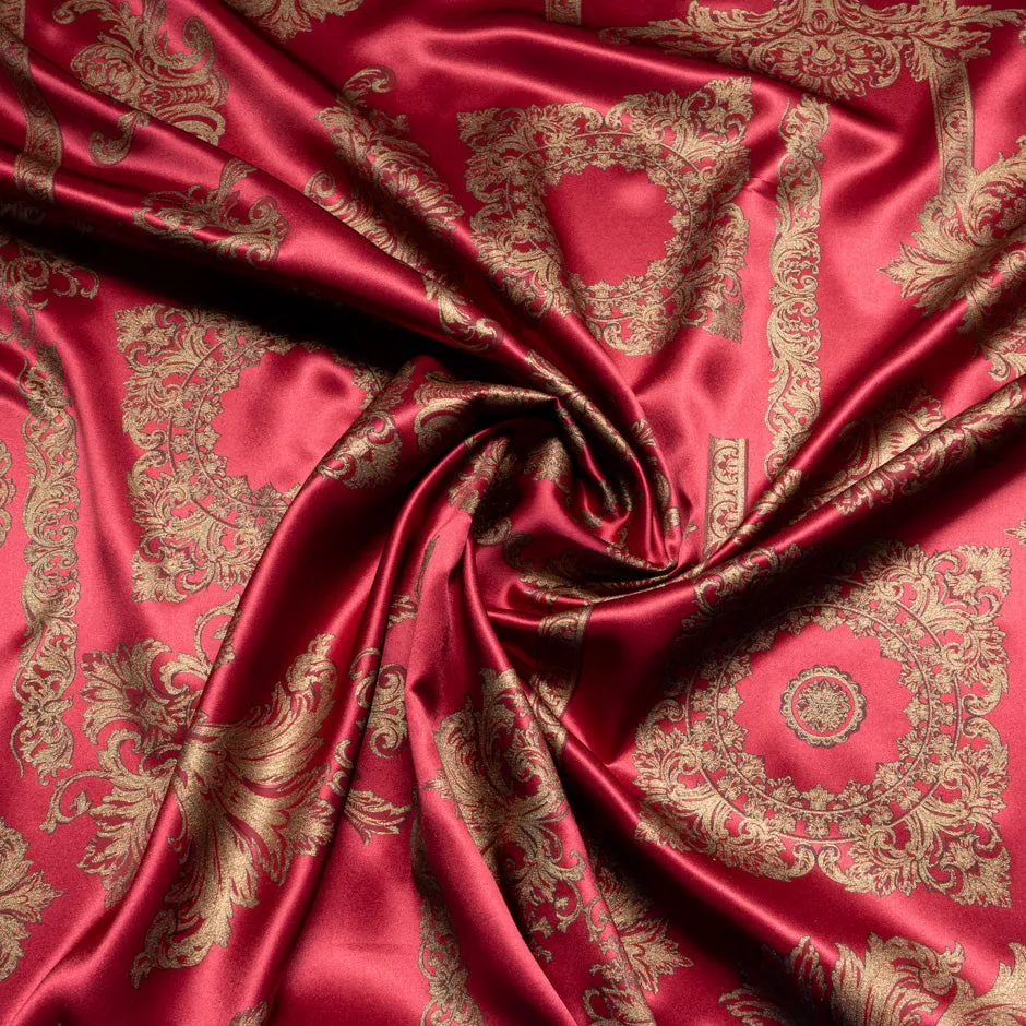 Gold Laminated Garnet Red Printed Silk