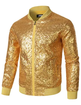 Gold Men's Sequin Long Sleeve Bomber Jacket