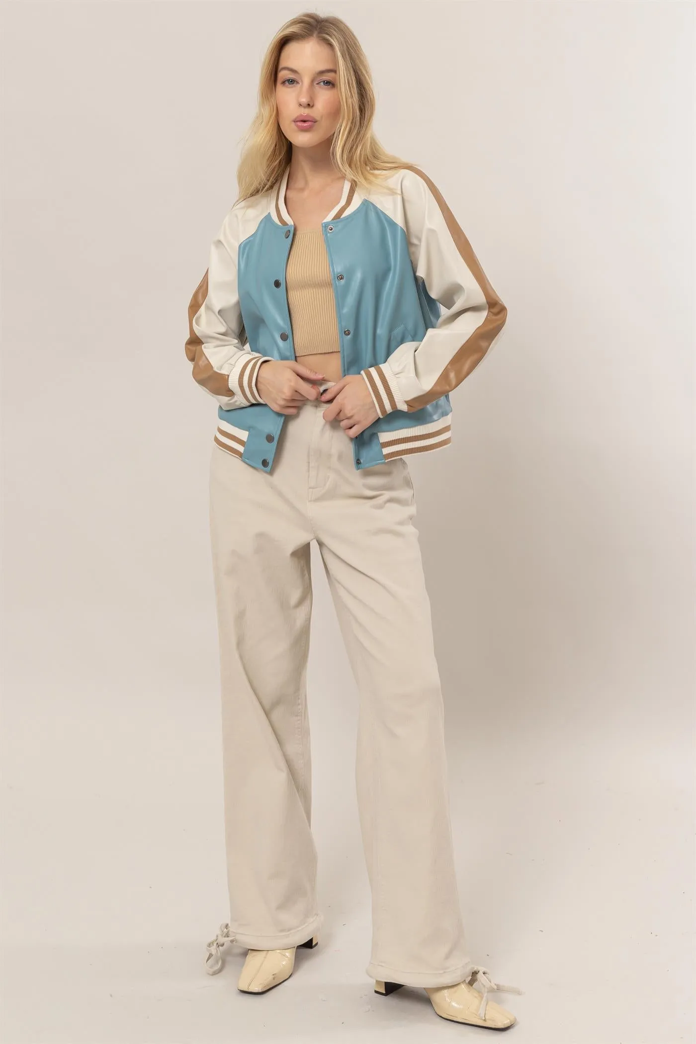 HF25C117-Pu Color Block Baseball Jacket