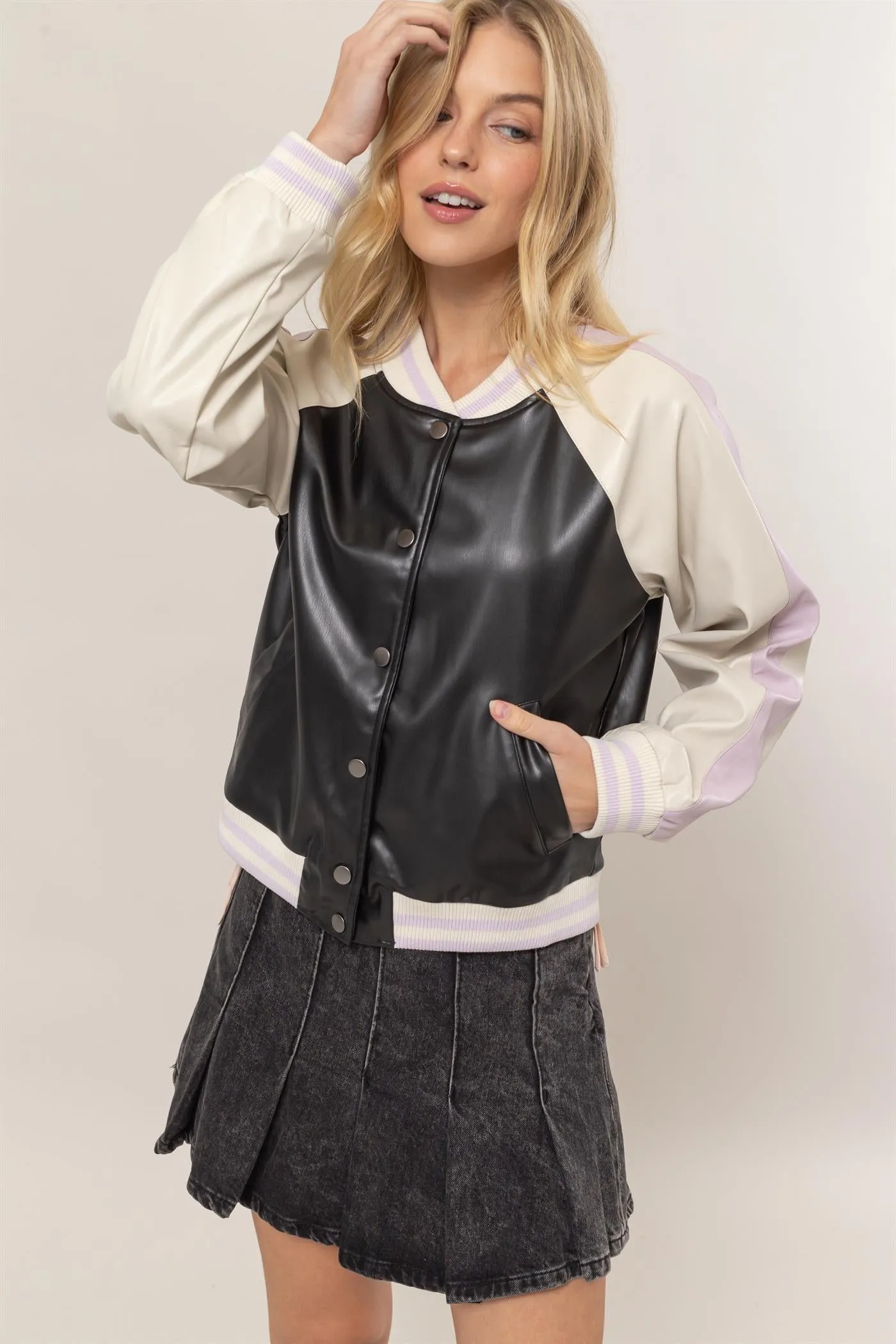 HF25C117-Pu Color Block Baseball Jacket