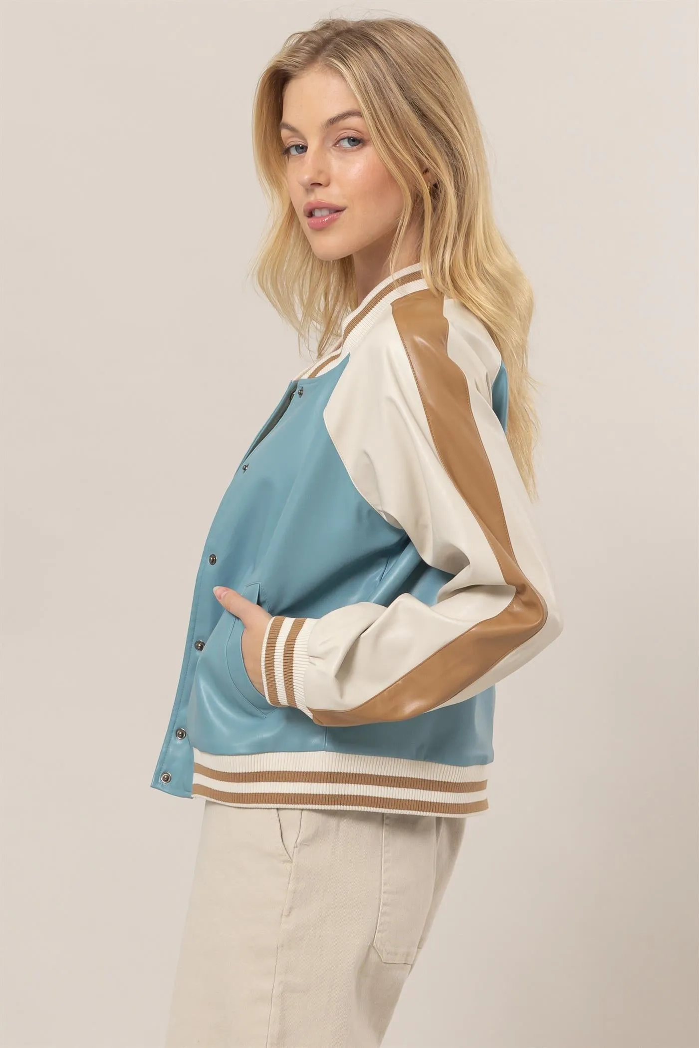 HF25C117-Pu Color Block Baseball Jacket