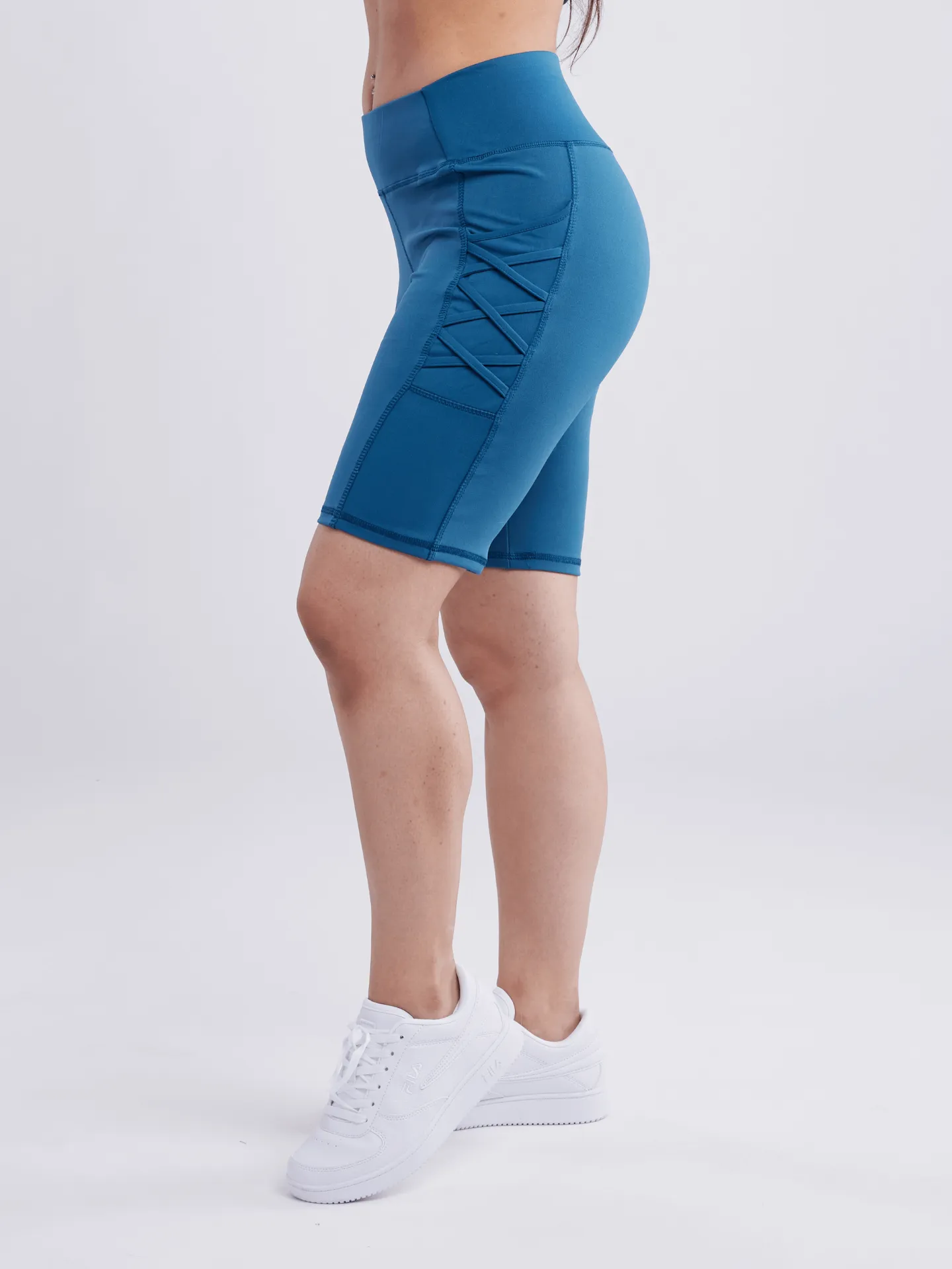 High-Waisted Workout Shorts with Pockets & Criss Cross Design