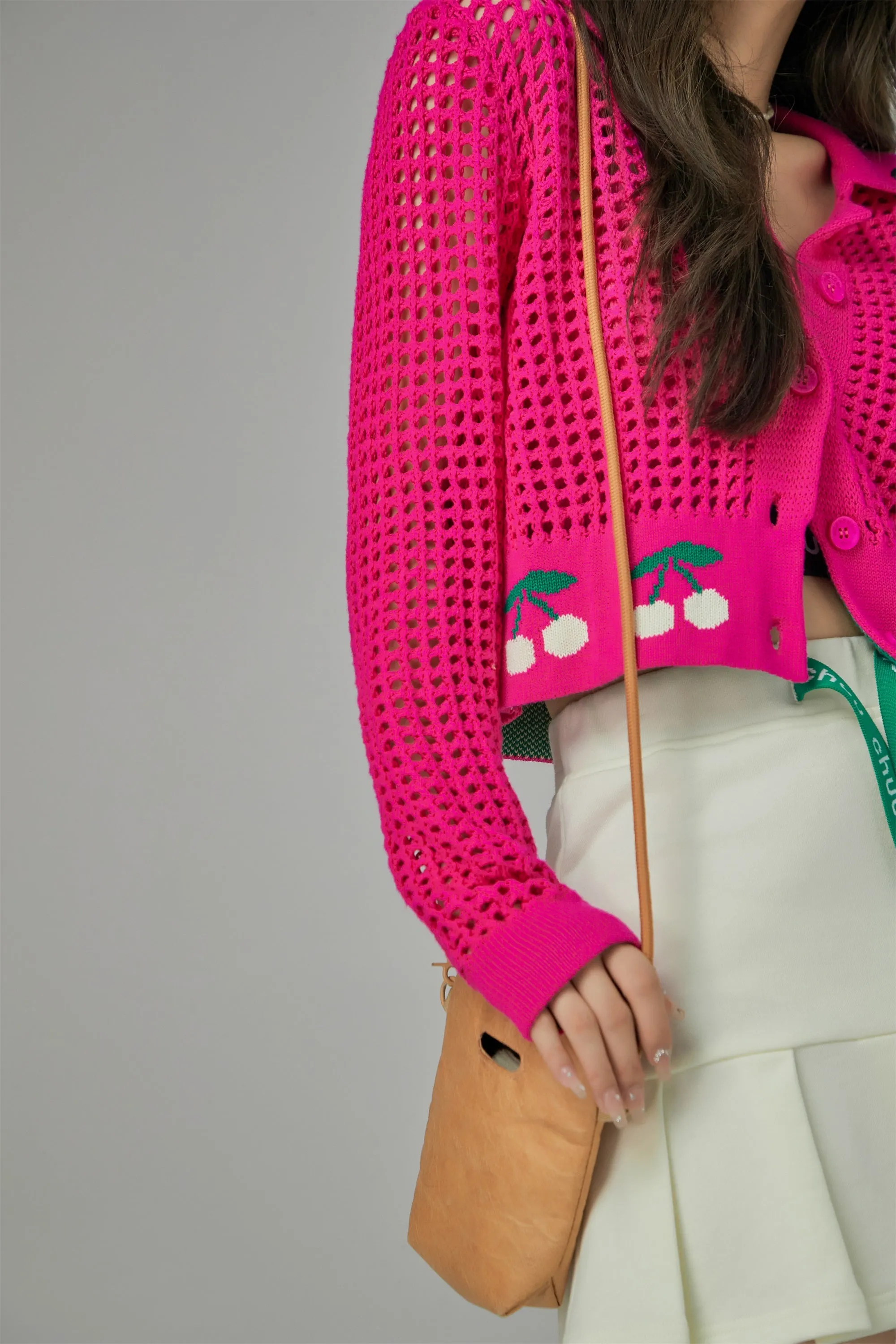 Hot Pink Cherry Crochet Crop Cardigan