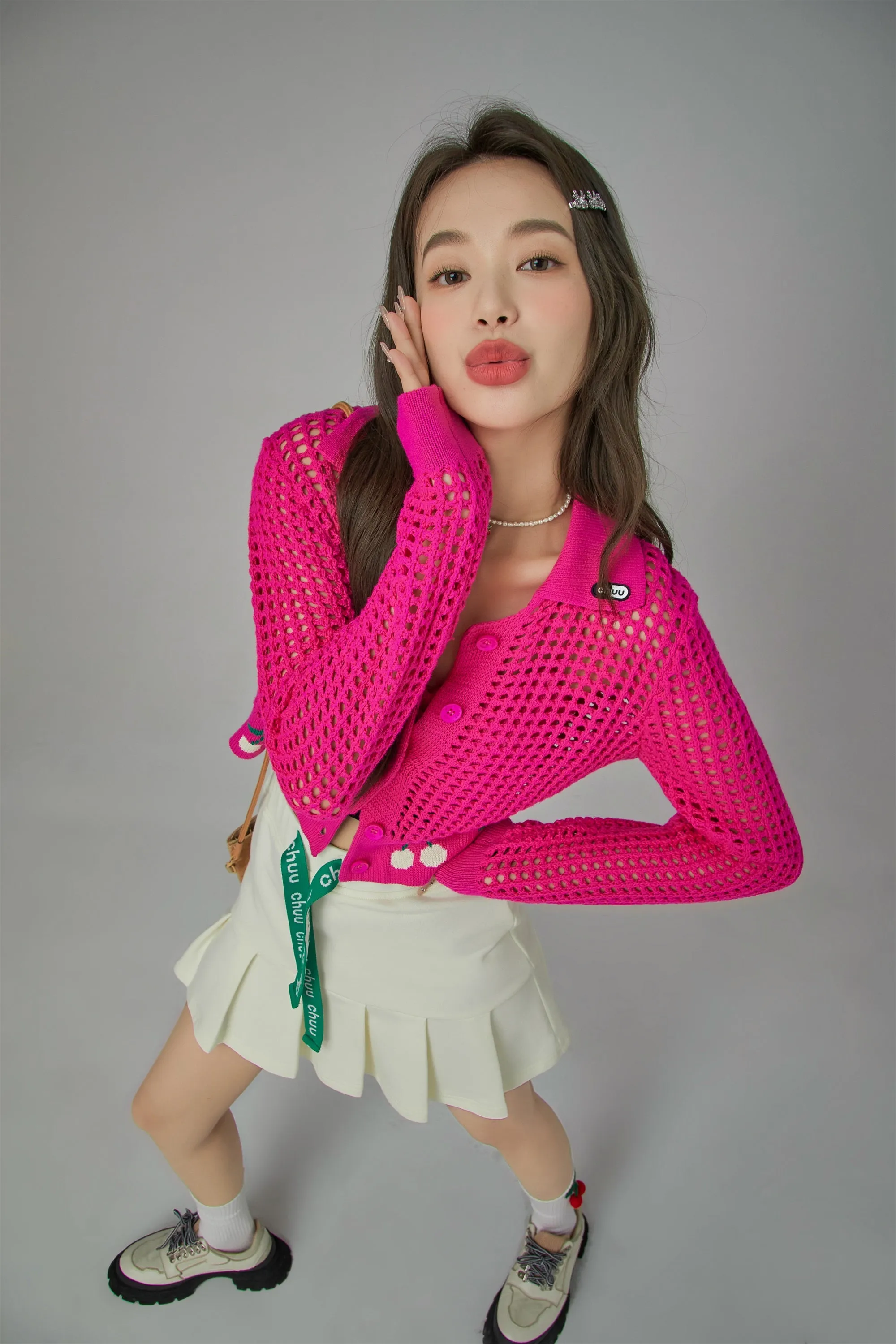 Hot Pink Cherry Crochet Crop Cardigan