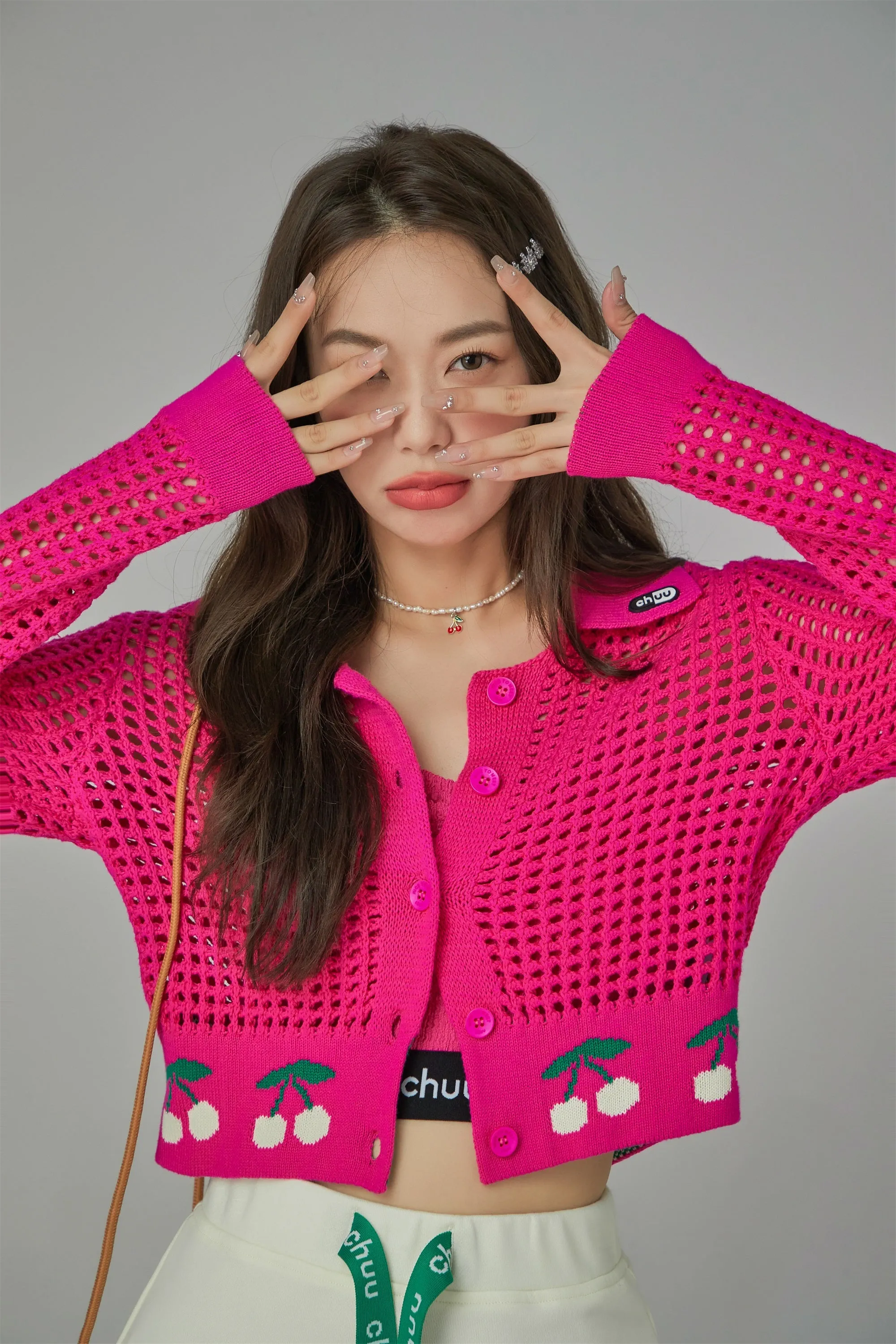 Hot Pink Cherry Crochet Crop Cardigan