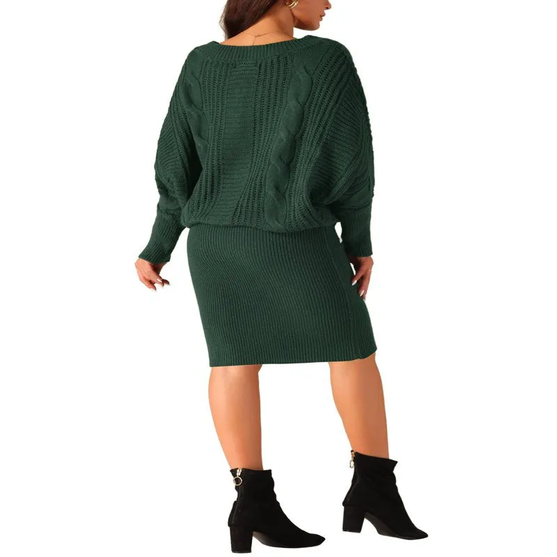 Ivyshape | Batwing Sleeve Sweater Dress Cable Knit Chunky Bodycon Pullover Mini Dress