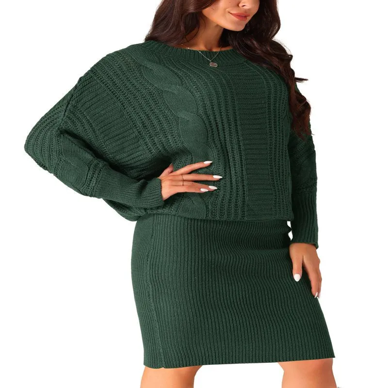 Ivyshape | Batwing Sleeve Sweater Dress Cable Knit Chunky Bodycon Pullover Mini Dress