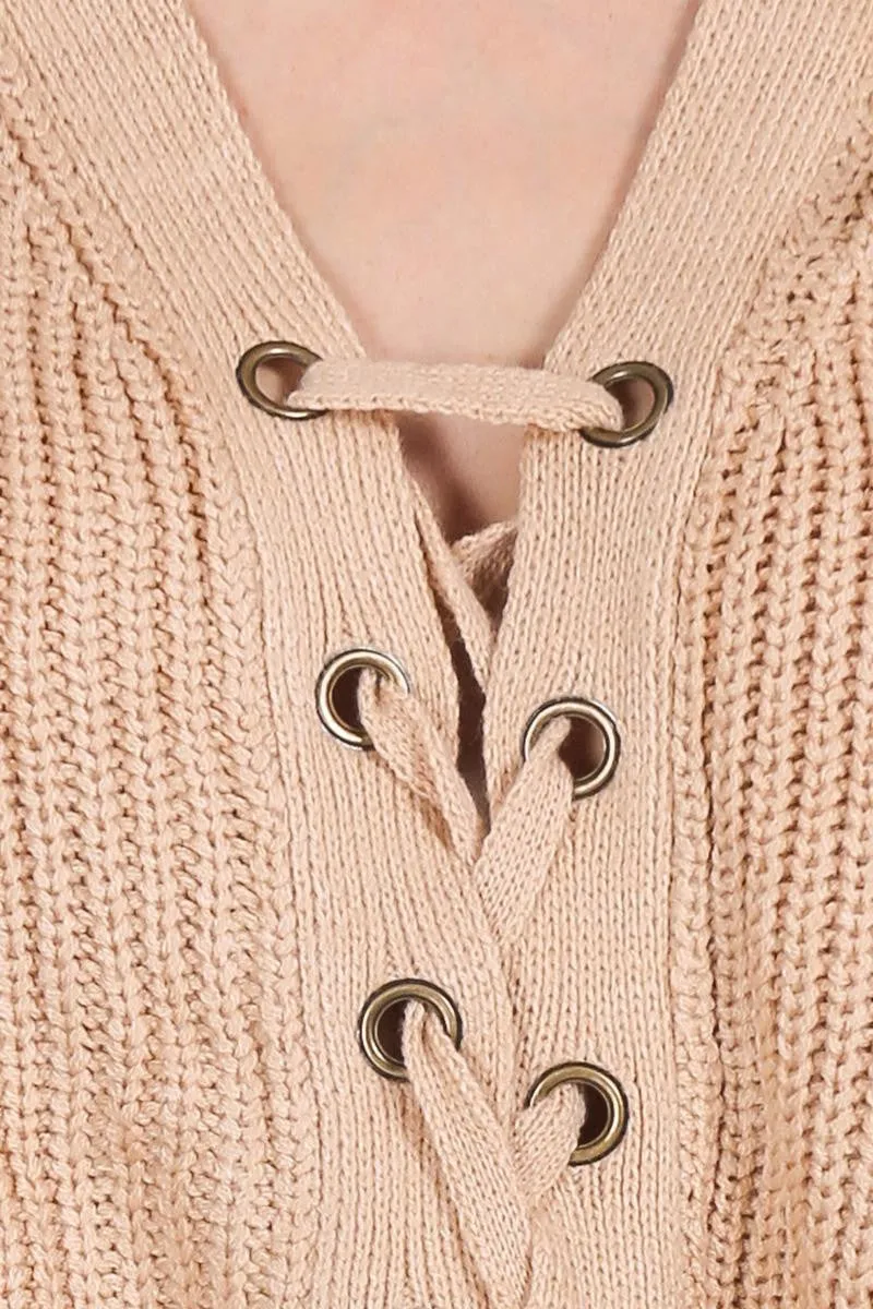 Lace Up Loose Sweater With V-Neck