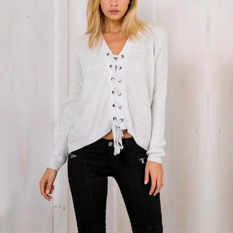 Lace Up Loose Sweater With V-Neck