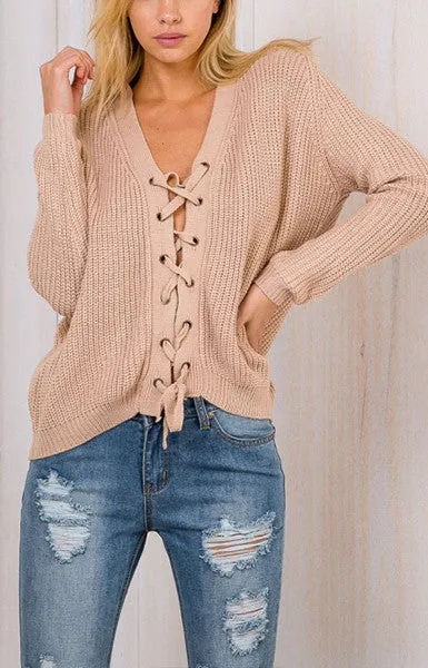 Lace Up Loose Sweater With V-Neck