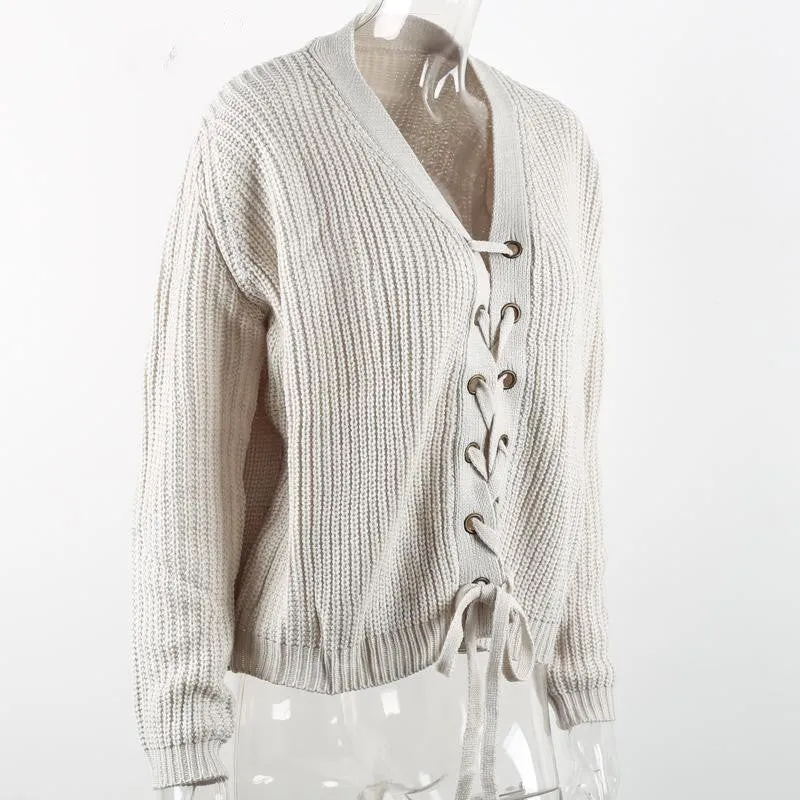 Lace Up Loose Sweater With V-Neck