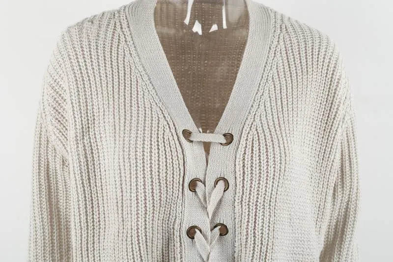 Lace Up Loose Sweater With V-Neck