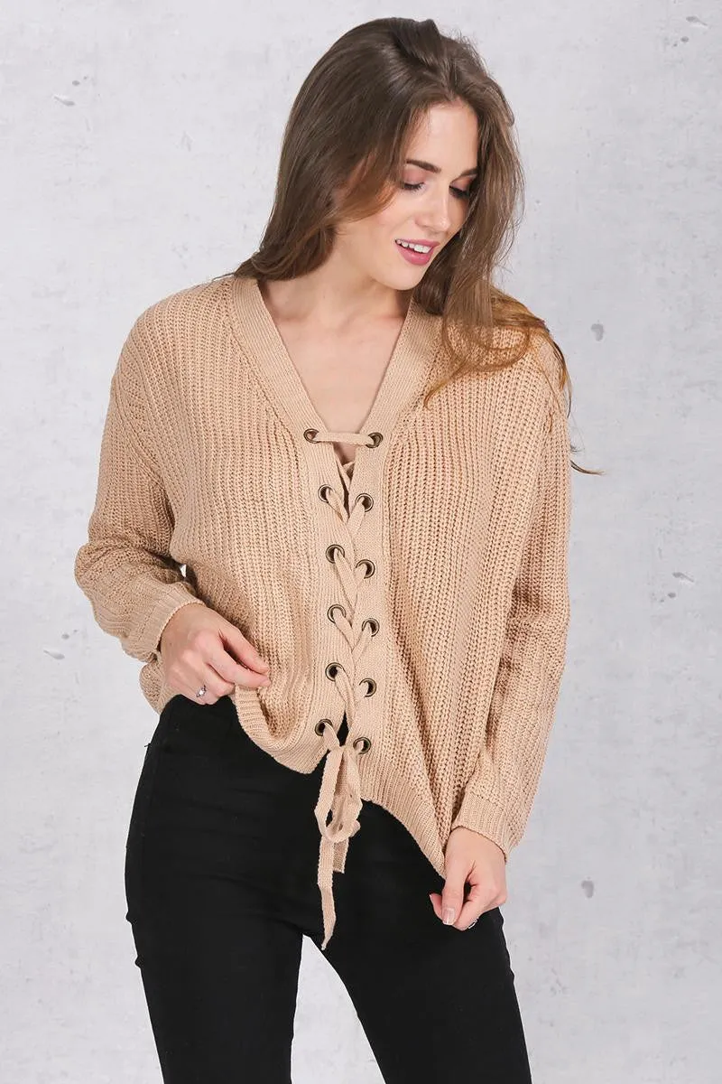 Lace Up Loose Sweater With V-Neck