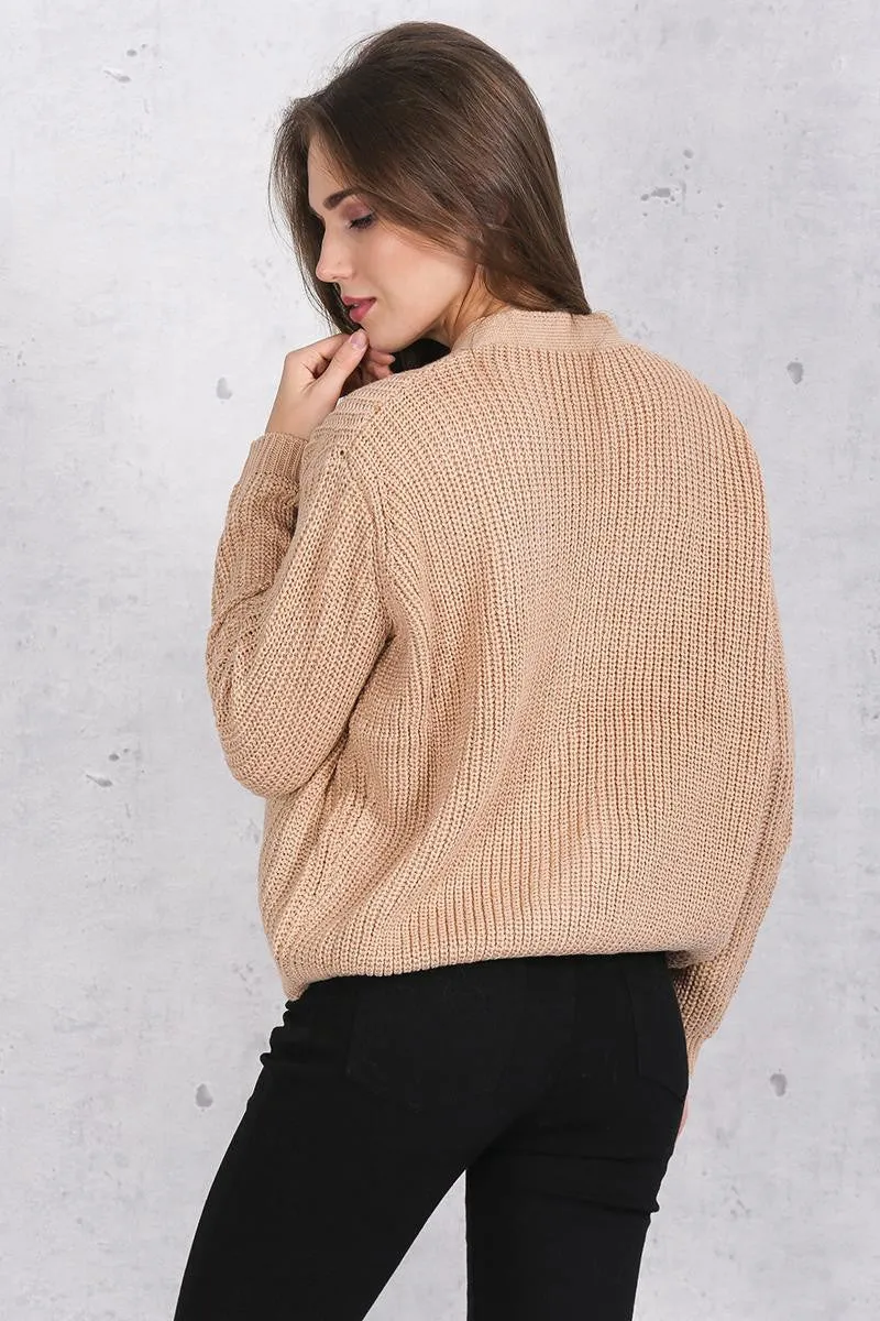 Lace Up Loose Sweater With V-Neck