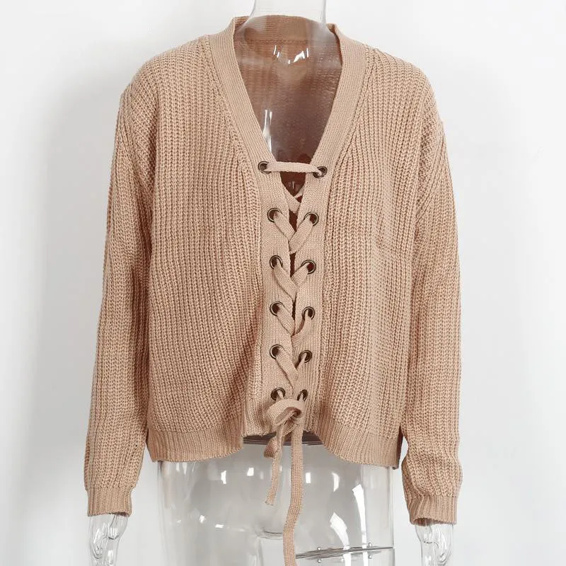 Lace Up Loose Sweater With V-Neck