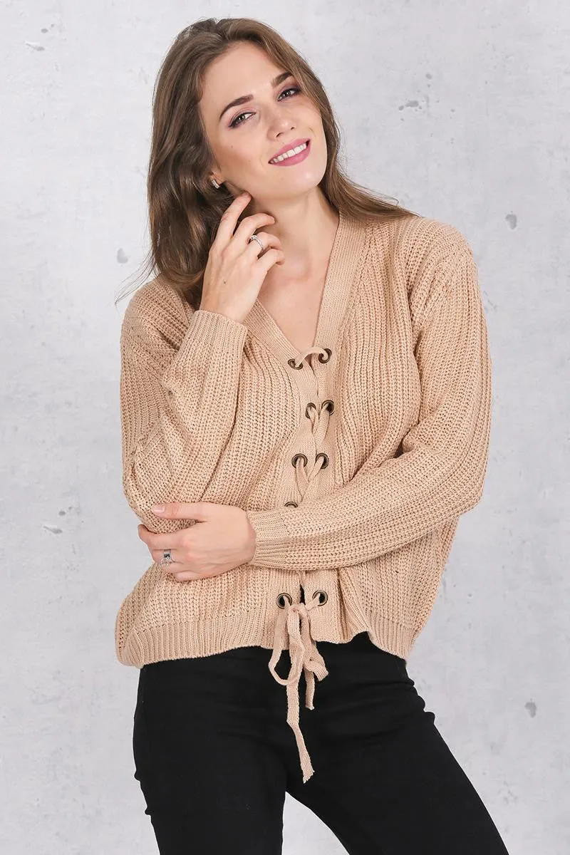 Lace Up Loose Sweater With V-Neck