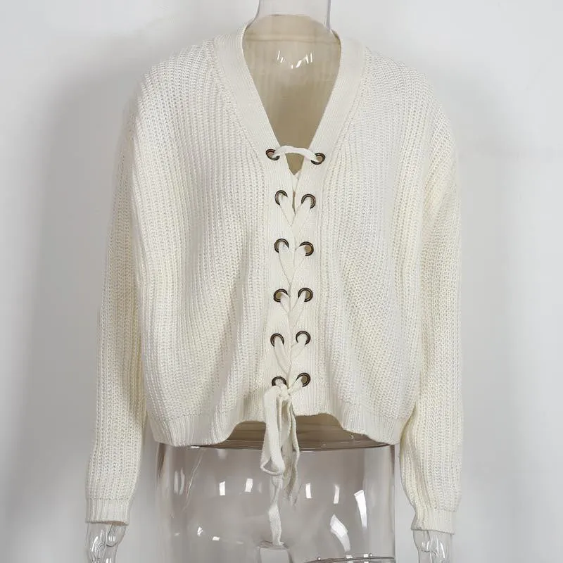 Lace Up Loose Sweater With V-Neck