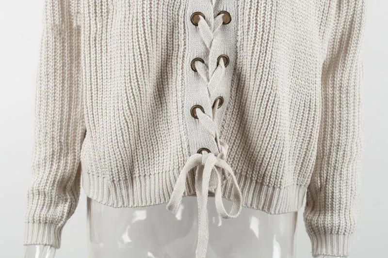 Lace Up Loose Sweater With V-Neck