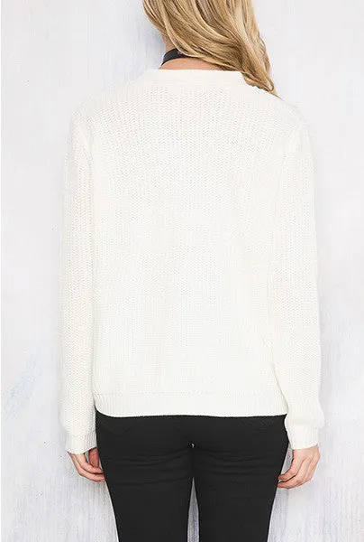 Lace Up Loose Sweater With V-Neck