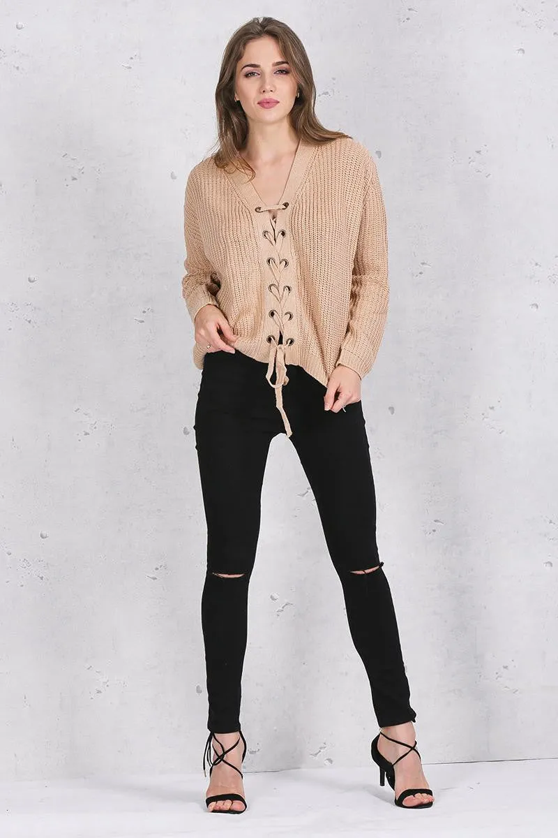 Lace Up Loose Sweater With V-Neck