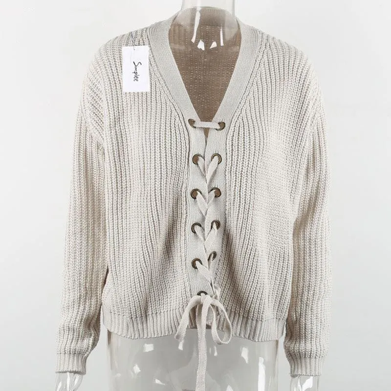 Lace Up Loose Sweater With V-Neck